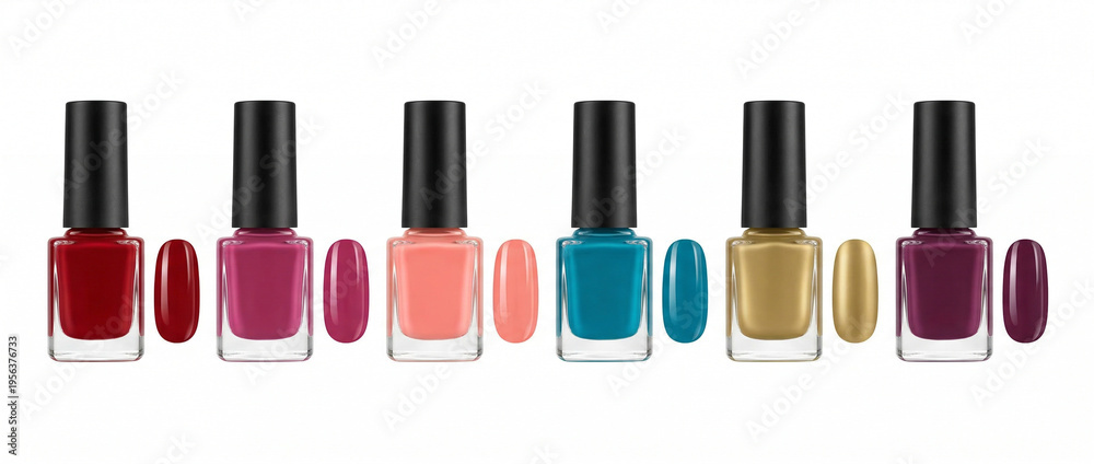 Obraz premium Assorted nail polish bottles with matching color swatches