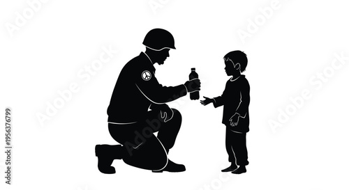 A soldier shares water with a young child in a silhouette illustration
