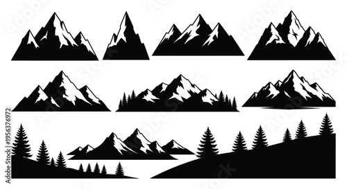 Collection of stylized black mountain silhouettes with varying detail