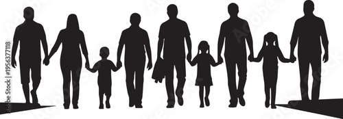 Family walking together holding hands vector silhouette illustration group walking on path
