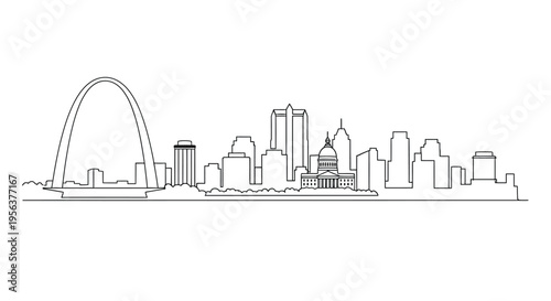 Linear illustration of the st louis skyline featuring the gateway arch