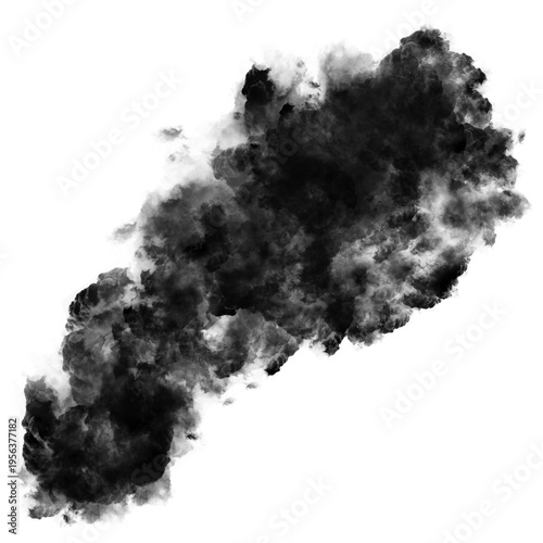 Dense black smoke cloud explosion isolated on white background, heavy soot vapor