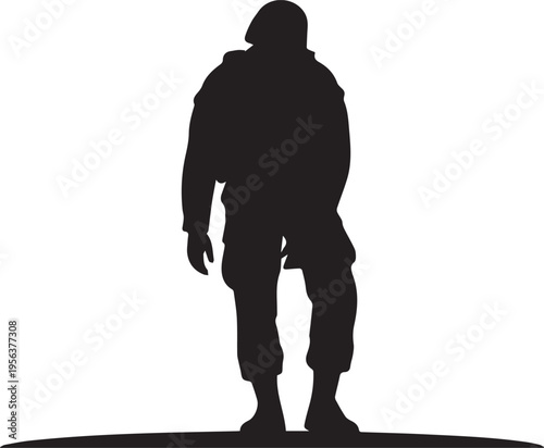 Soldier silhouette standing on battlefield ground vector illustration profile of military