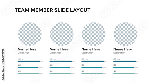 Team member slide layout with four circular profiles and skills