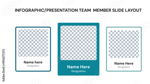 Team member presentation slide layout with three profile cards