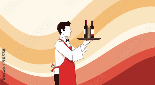 Abstract waiter illustration carrying wine, perfect for hospitality and culinary themes