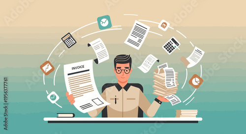 Accountant juggling financial documents in a modern office scene with floating icons representing