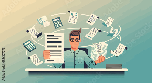 Accounting professional managing financial documents, calculator, and invoices effectively