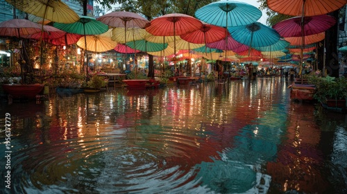 Songkran Water Festival at bangkok khao san road songkran festival street traditional thai umbrellas ripples spreading across pond surface