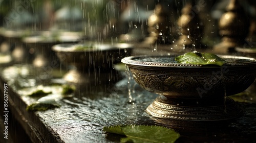 Songkran Water Festival at chiang mai old city moat festival area traditional silver water bowls water droplets falling from leaves