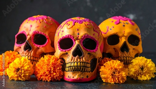 Wallpaper Mural Decorated Sugar Skulls with Marigolds for Day of the Dead Celebration. Torontodigital.ca