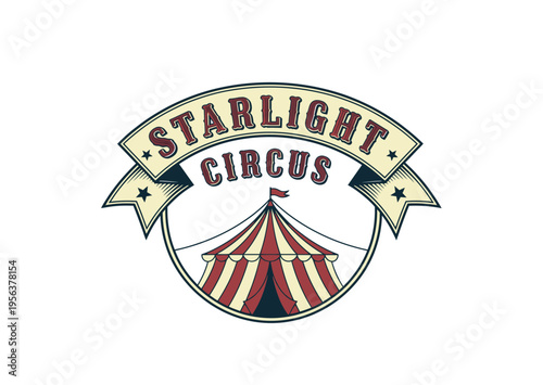 Vintage-style Starlight Circus logo featuring a classic red and white striped big top tent under a curved banner with stars.