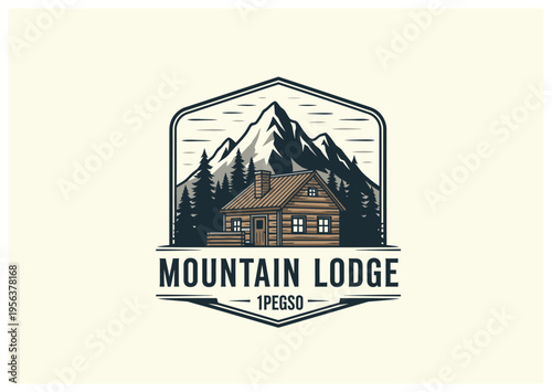 Vintage mountain lodge logo featuring a rustic wooden cabin nestled among pine trees with a majestic peak in the background, all enclosed within a decorative shield emblem.