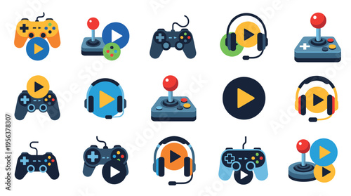 Collection of flat design gaming and media icons featuring gamepads, joysticks, headphones, and play buttons.