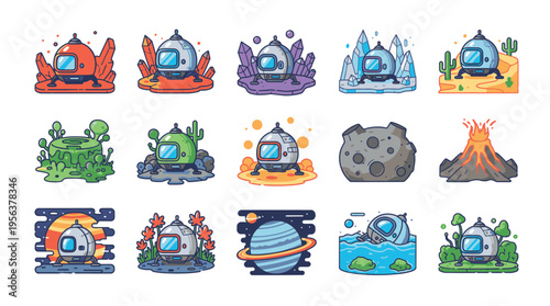 Collection of pixel art illustrations depicting futuristic space pods and alien landscapes on various planets and cosmic environments.