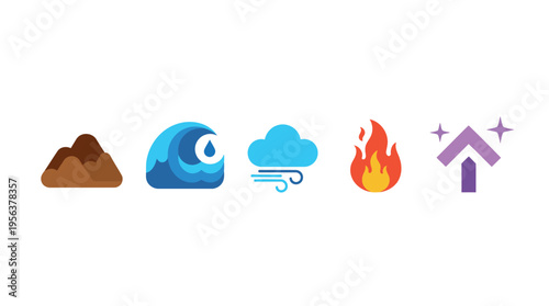 Five stylized elemental icons representing earth, water, air, fire, and aether or spirit on a clean white background.