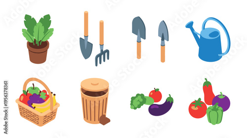 Isometric illustration of gardening tools, potted plant, fresh fruits, vegetables, and a compost bin on a white background.