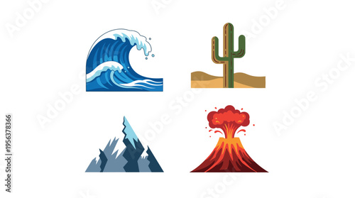Four stylized icons representing natural elements: a powerful ocean wave, a desert cactus, a majestic snow-capped mountain, and an erupting volcano.