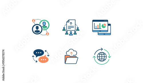 A collection of six modern flat design icons representing digital communication, data sharing, cloud storage, global networking, and business analytics.