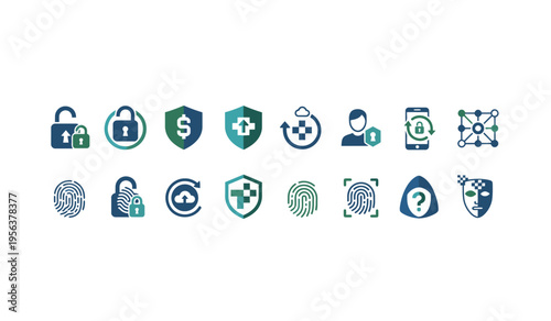 Obraz na plátně A comprehensive set of digital security and data protection icons, featuring locks, shields, fingerprints, and network symbols in blue and green