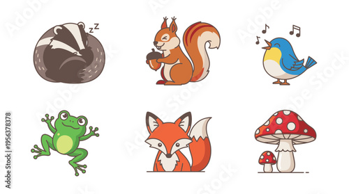 A collection of six charming cartoon illustrations featuring various woodland animals like a badger, squirrel, bird, frog, fox, and two red mushrooms.