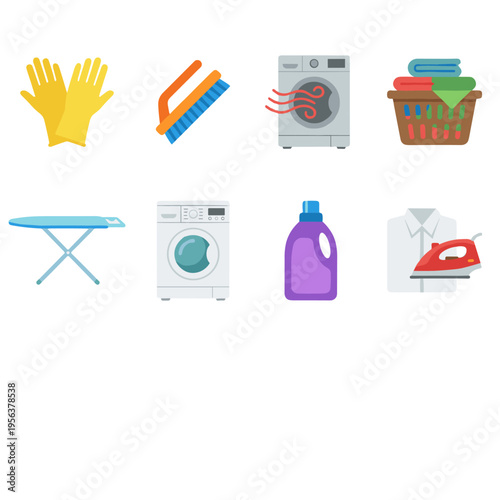A collection of laundry and cleaning icons including a washing