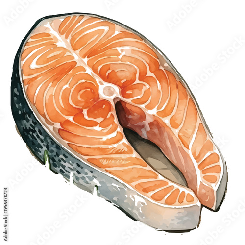 Fresh raw salmon steak on a plate with seafood and healthy meal closeup