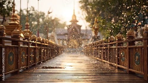 Songkran Water Festival at thai temple courtyard songkran celebration golden temple ornaments water drops splashing onto wooden bridge