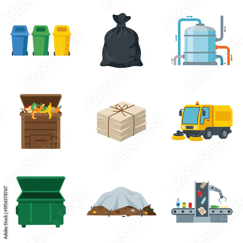 A collection of waste management icons featuring recycling bins, a