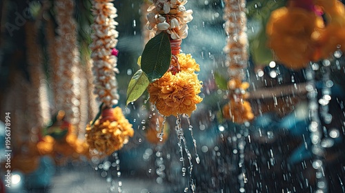 Songkran Water Festival at chiang mai temple square festival jasmine flower garlands water droplets falling from leaves