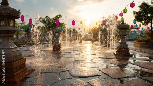 Songkran Water Festival at thai grand temple songkran plaza songkran themed lanterns water splashing across stone pavement