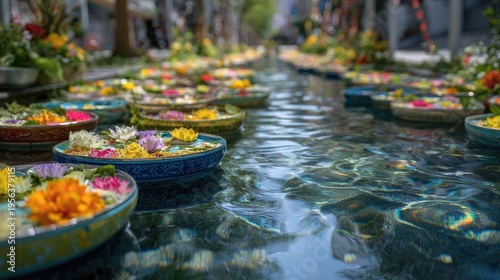 Songkran Water Festival at bangkok festival market street mass decorated water bowls water drifting slowly along canal