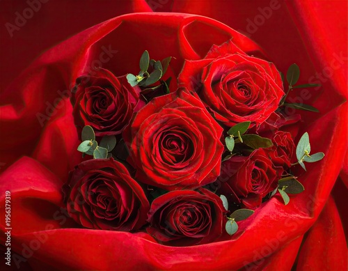 Bouquet of deep red roses nestled in a vibrant red, silken cloth