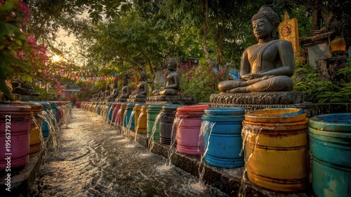 Songkran Water Festival at thai temple garden songkran festival colorful water buckets lined up water flowing gently over buddha statue