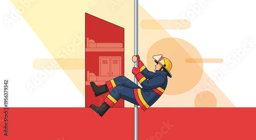 Animated illustration depicting a firefighter sliding down a pole at the station quickly