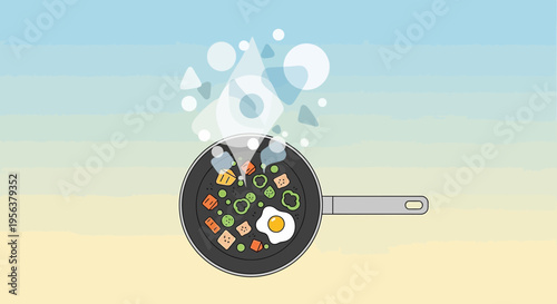 Animated cooking concept featuring vibrant food illustrations in a skillet on a stylized backdrop
