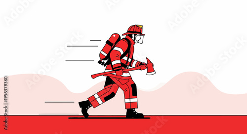 Animated firefighter rushing into action with an axe, conveying urgency and determination fighting