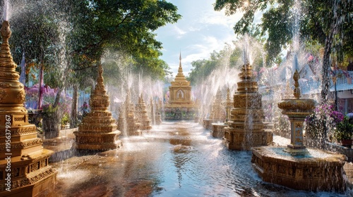 Songkran Water Festival at chiang mai pagoda festival courtyard golden temple ornaments water flowing gently over buddha statue