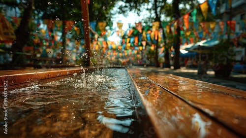 Songkran Water Festival at bangkok street festival decorations colorful festival flags fluttering water spilling gently over wooden edges