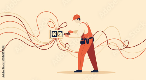 An electrician with safety helmet repairs a socket with tools and wiring in flat design style