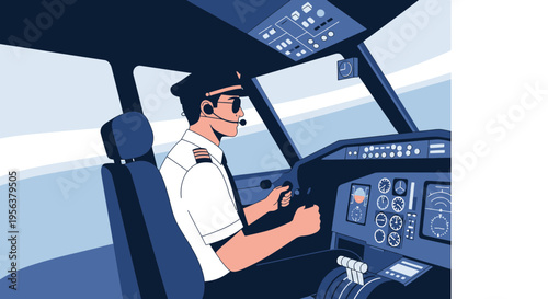 Airplane pilot in the cockpit controls the plane's journey navigating through the sky