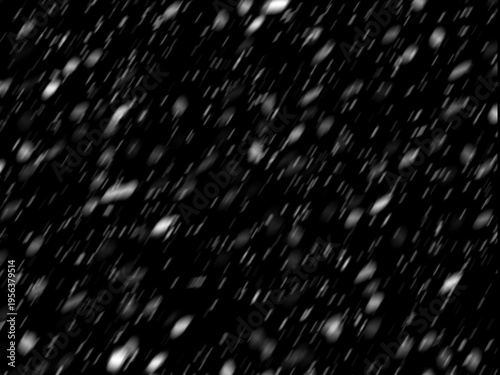 Falling snow particles overlay white rainfall motion blur texture isolated on black background
