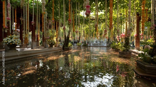 Songkran Water Festival at chiang mai pagoda festival courtyard jasmine flower garlands water splashes scattering across ground