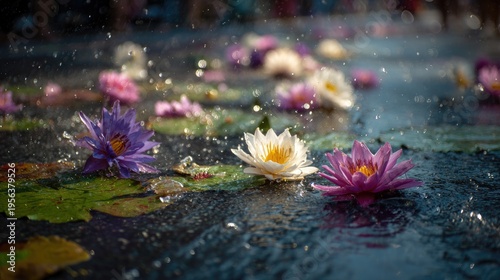 Songkran Water Festival at chiang mai cultural festival street lotus flowers floating on water water splashes scattering across ground