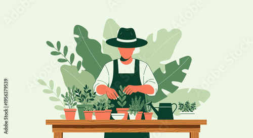 An illustration showcasing a gardener tending to potted plants on a wooden table surrounded by