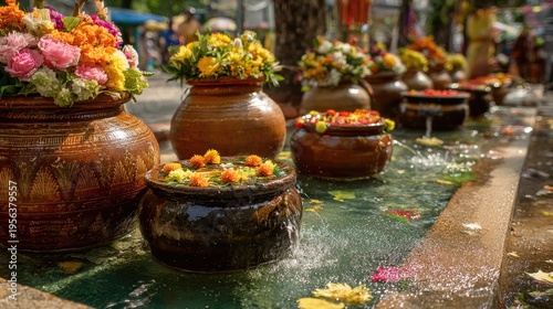 Songkran Water Festival at thai village festival square flower decorated water bowls water overflowing from clay jars