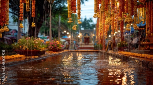 Songkran Water Festival at chiang mai temple square festival jasmine flower garlands fresh water dripping from garlands