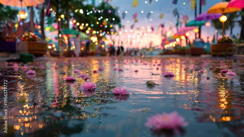 Songkran Water Festival at bangkok riverside lantern festival songkran floating flower bowls water droplets rolling off umbrella fabric