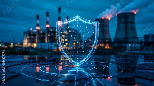 Industrial factory with digital shield protection representing cybersecurity and industrial safety concept
