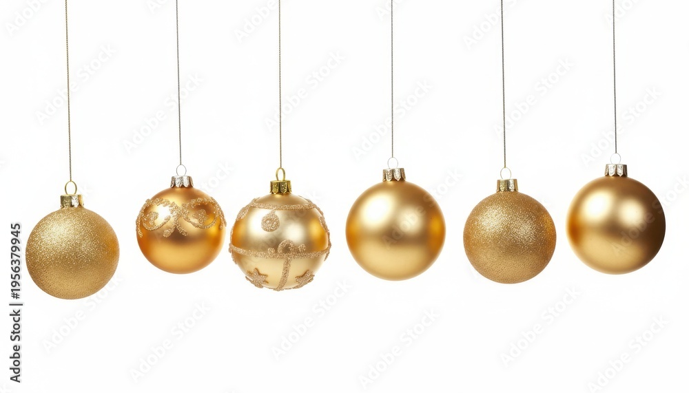 Obraz premium Five gold-toned baubles hanging from delicate silver strings in festive arrangement